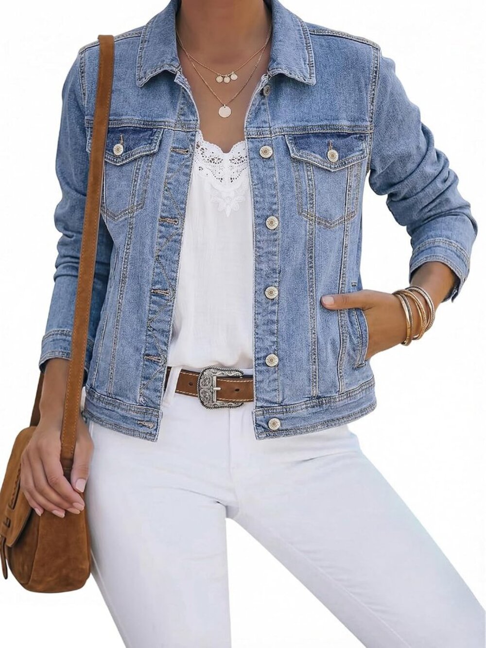 Women's Baby Blue Cotton Button Down Stretch Fitted Long Sleeves Jean Jackets